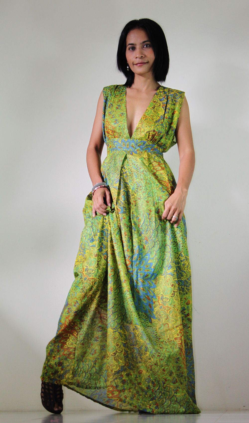 Peacock Maxi Dress - Boho Sexy Plunging V-neck Long Evening Gown ...