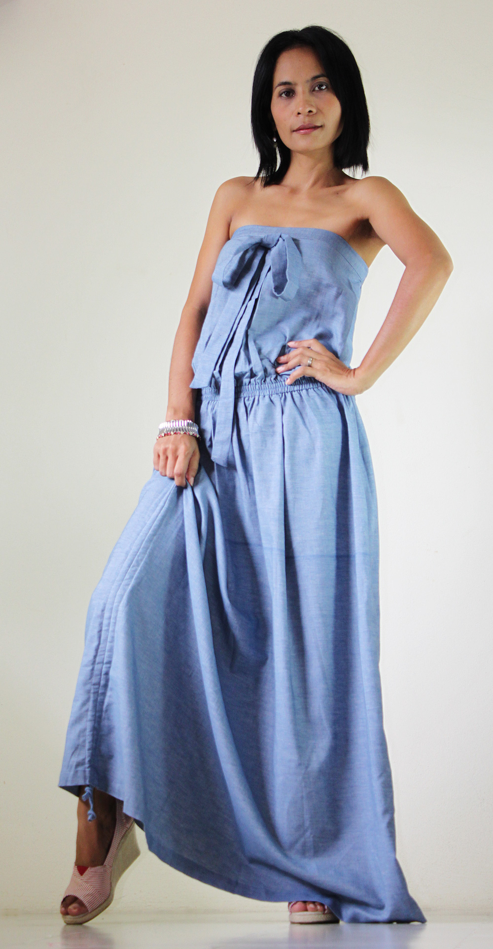 long strapless denim dress