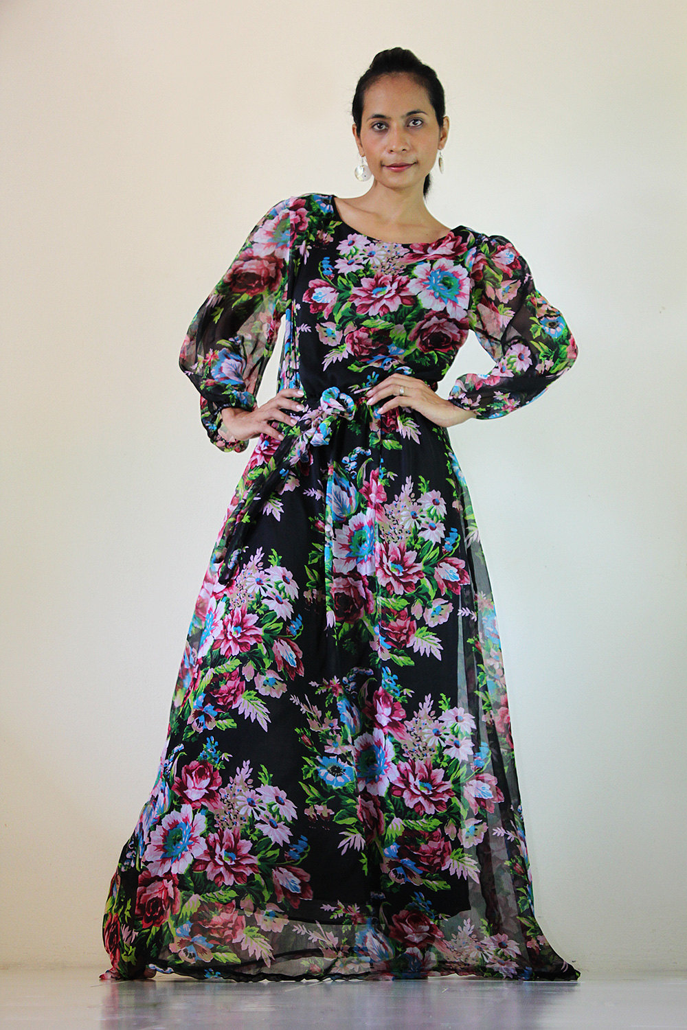 Black Chiffon Dress Long Maxi Dress Flower Print : Smooth As Silk ...