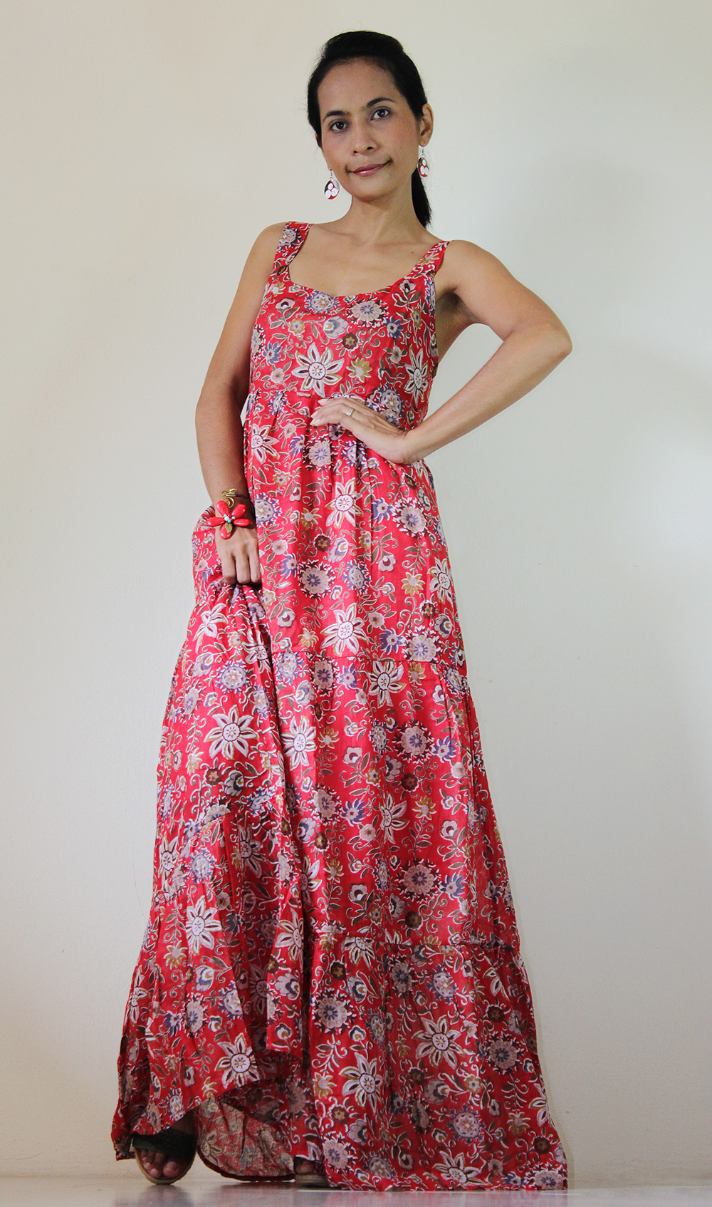 Red Maxi Dress Bohemian Sleeveless Flower Print Long Dress : Hippie ...