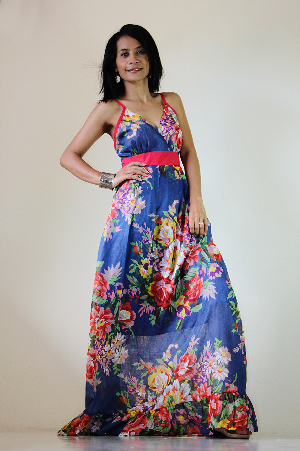 Floral Maxi Dress Blue Summer Cotton Cute V Neck : Sweetie Vintage ...