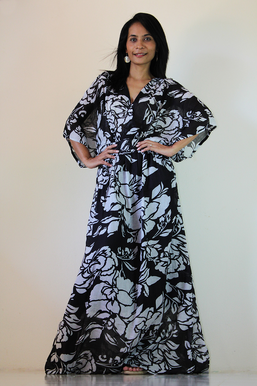 Black White Kimono Dress Women Kaftan Maxi Dress : Boho Kimono ...