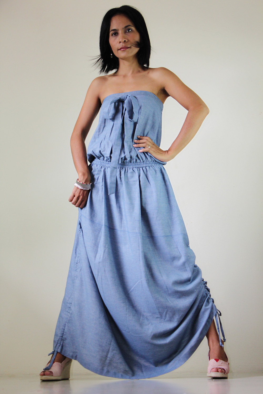 Denim Dress Long Light Blue Cotton Stonewashed Summer Maxi Sun Dress